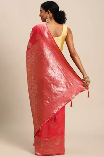 pink banarasi silk blend jacquard woven golden zari butta saree with blouse piece