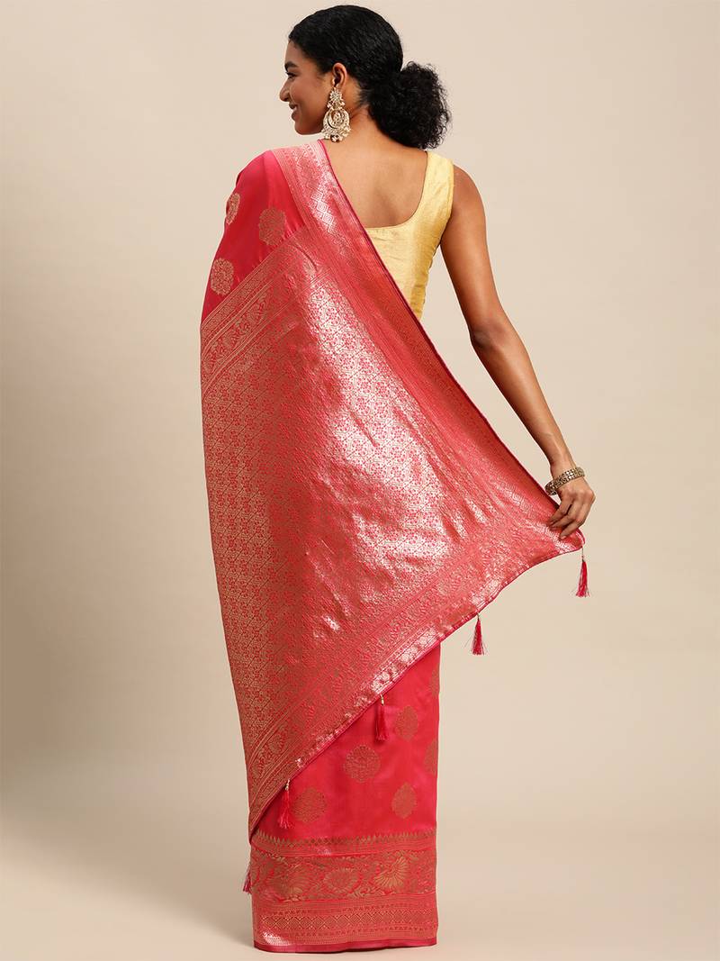 pink banarasi silk blend jacquard woven golden zari butta saree with blouse piece