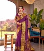 Purple soft silk blend wevon jari designer heavy partywear saree