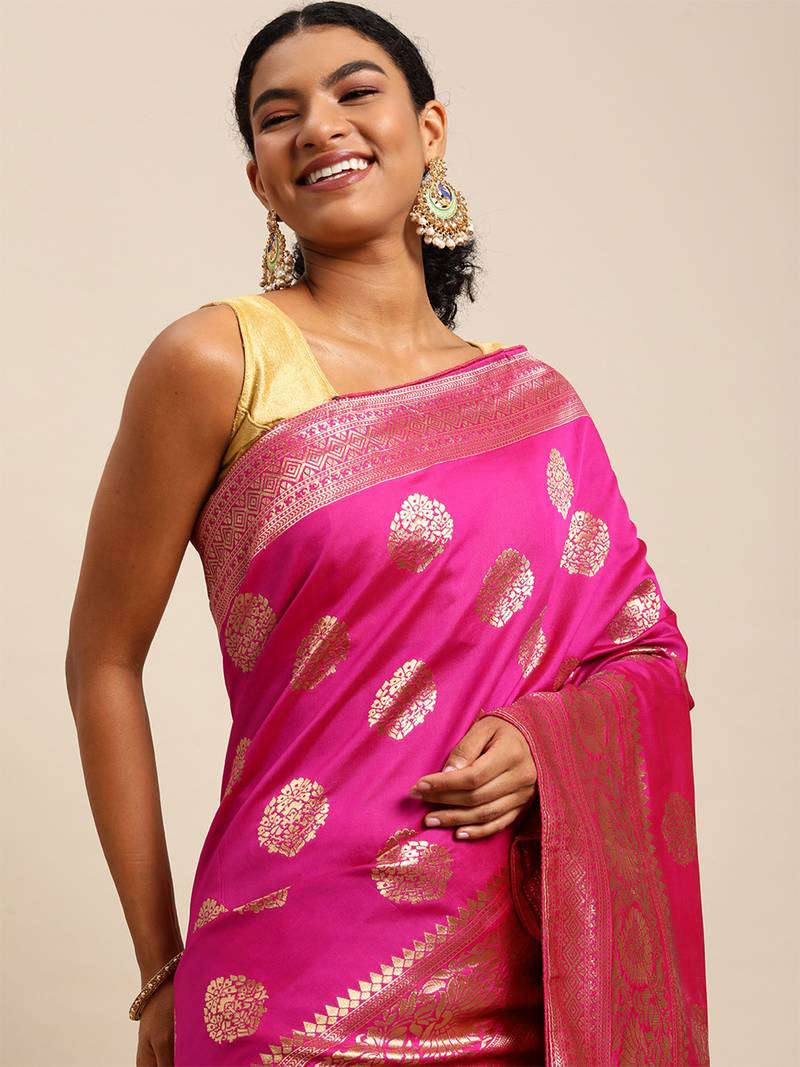 rani pink banarasi silk blend jacquard woven golden zari butta saree with blouse piece