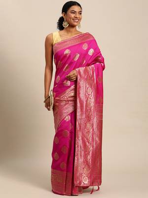 rani pink banarasi silk blend jacquard woven golden zari butta saree with blouse piece 3