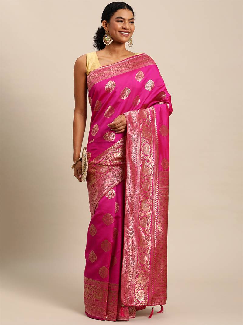 rani pink banarasi silk blend jacquard woven golden zari butta saree with blouse piece