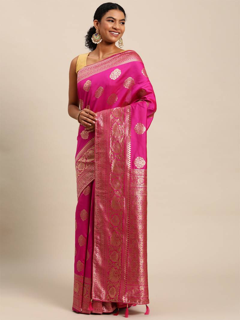 rani pink banarasi silk blend jacquard woven golden zari butta saree with blouse piece