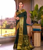 Green soft silk blend wevon jari designer heavy partywear saree