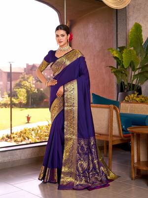 Violet soft silk blend wevon jari designer heavy partywear saree 1