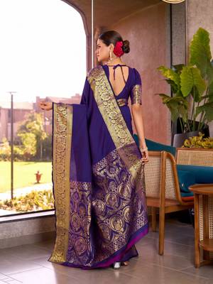 Violet soft silk blend wevon jari designer heavy partywear saree 2