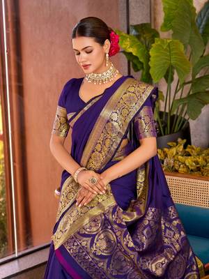 Violet soft silk blend wevon jari designer heavy partywear saree 3