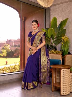 Violet soft silk blend wevon jari designer heavy partywear saree 5