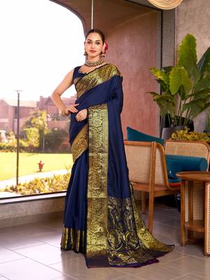 Blue soft silk blend wevon jari designer heavy partywear saree 1