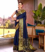 Blue soft silk blend wevon jari designer heavy partywear saree