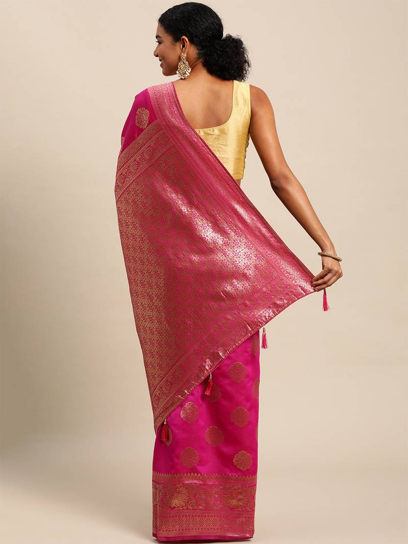 rani pink banarasi silk blend jacquard woven golden zari butta saree with blouse piece