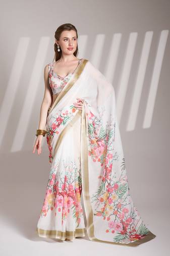 Off white partywear linen c bllywood saree