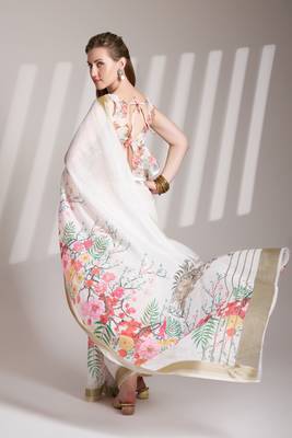 Off white partywear linen c bllywood saree 2