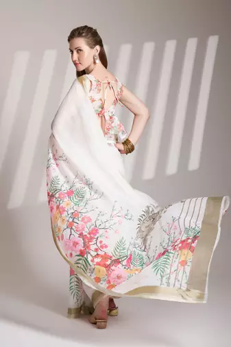 Off white partywear linen c bllywood saree