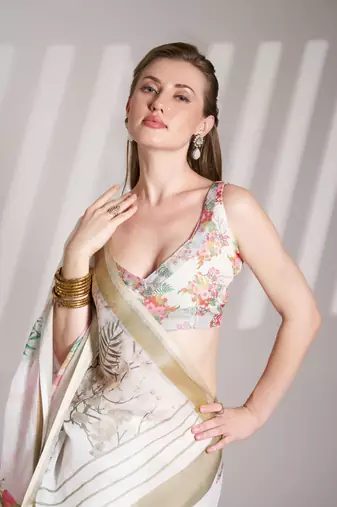 Off white partywear linen c bllywood saree