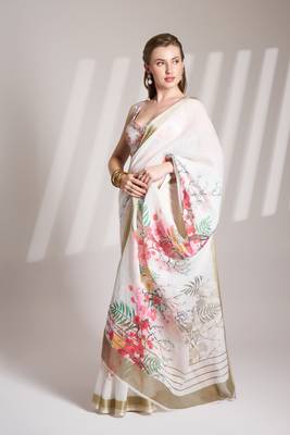 Off white partywear linen c bllywood saree 4