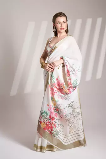 Off white partywear linen c bllywood saree