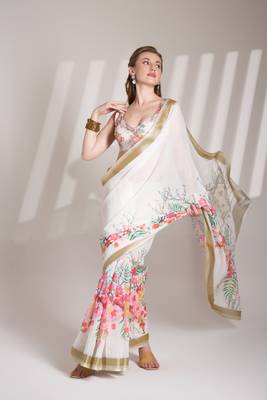 Off white partywear linen c bllywood saree 5