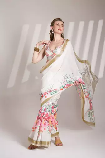 Off white partywear linen c bllywood saree