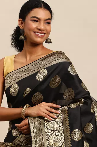 black banarasi silk blend jacquard woven golden zari butta saree with blouse piece