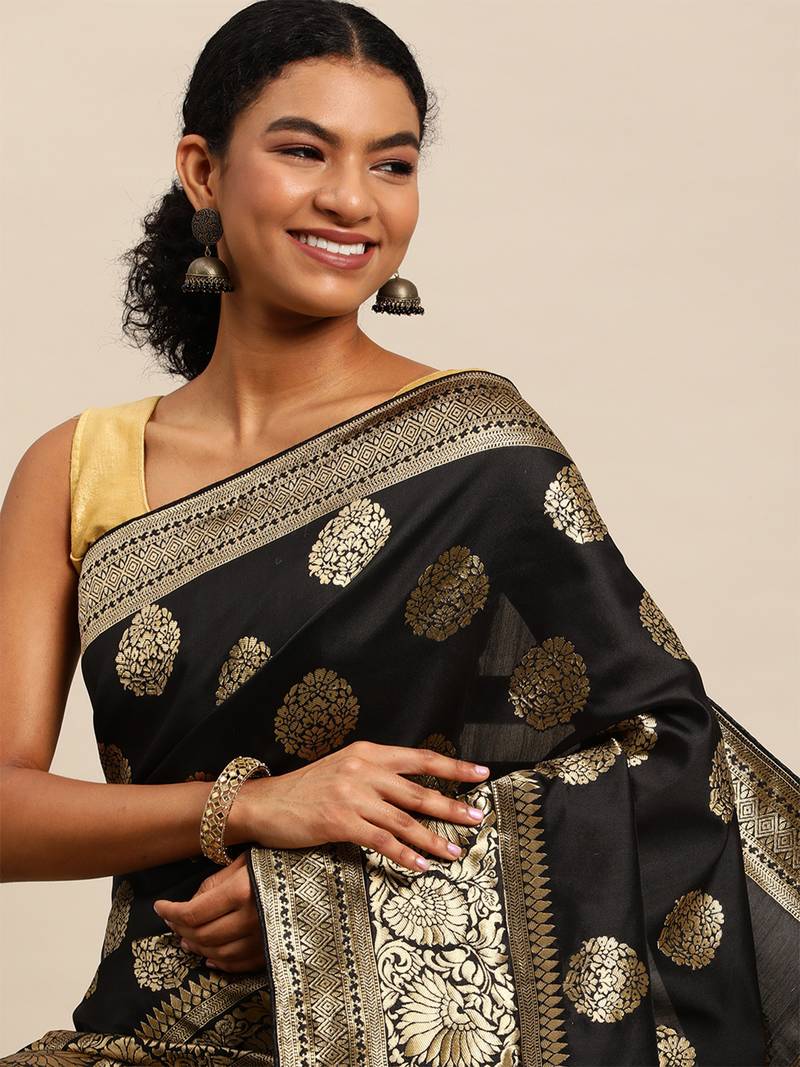 black banarasi silk blend jacquard woven golden zari butta saree with blouse piece