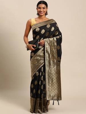 black banarasi silk blend jacquard woven golden zari butta saree with blouse piece 3