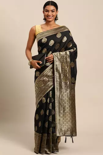black banarasi silk blend jacquard woven golden zari butta saree with blouse piece
