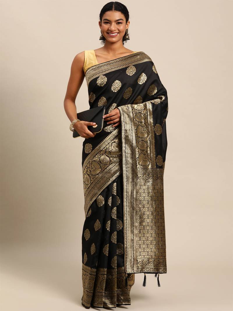 black banarasi silk blend jacquard woven golden zari butta saree with blouse piece