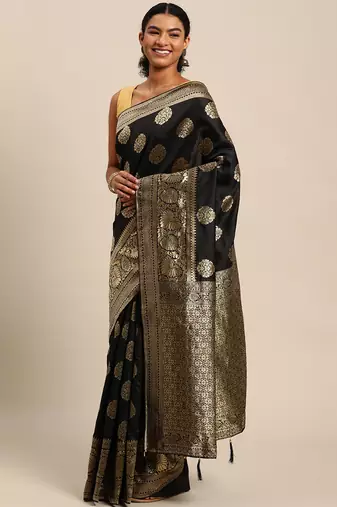 black banarasi silk blend jacquard woven golden zari butta saree with blouse piece