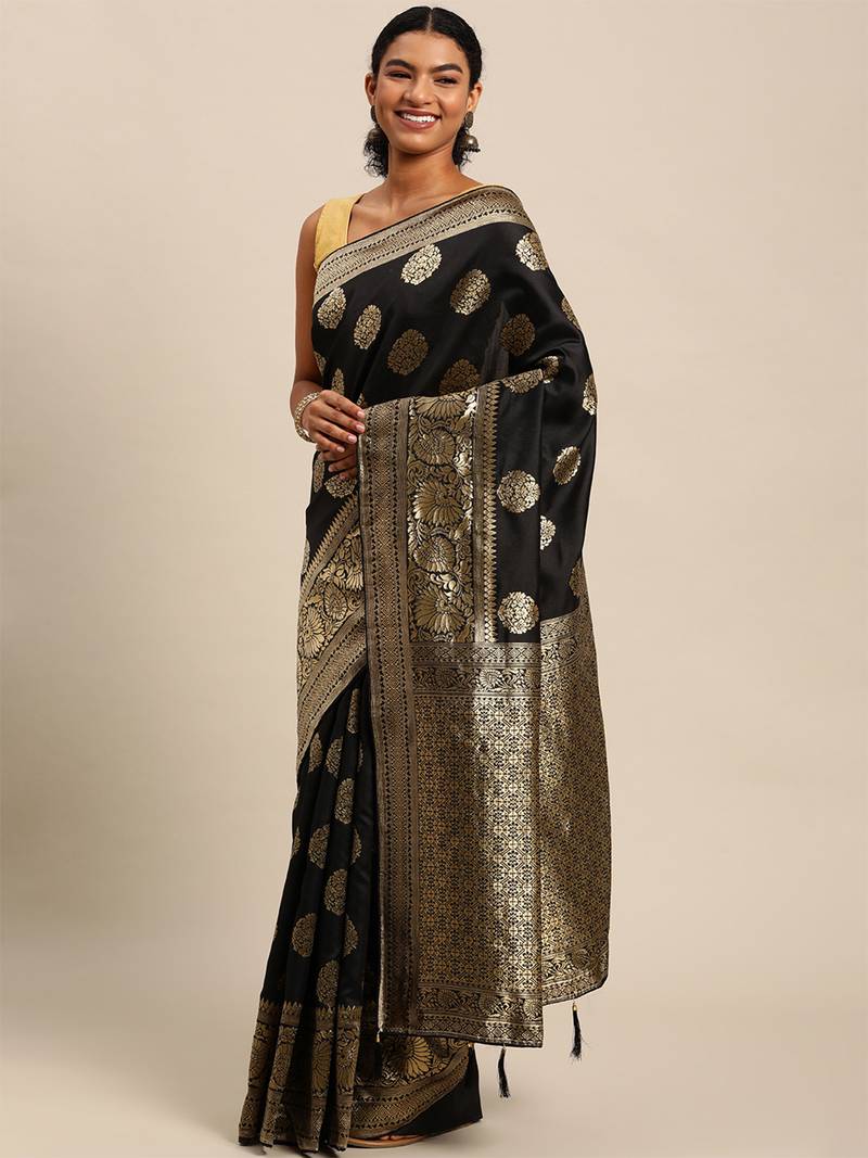 black banarasi silk blend jacquard woven golden zari butta saree with blouse piece