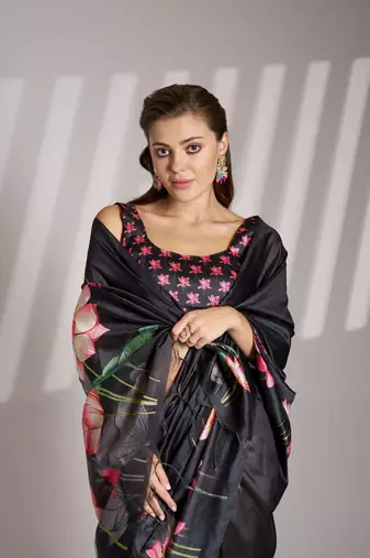Black partywear linen c bllywood saree