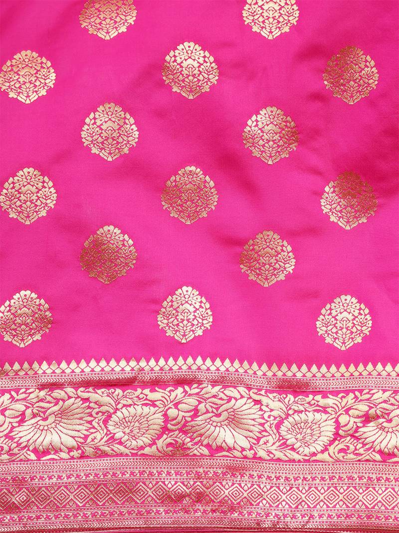 rani pink banarasi silk blend jacquard woven golden zari butta saree with blouse piece