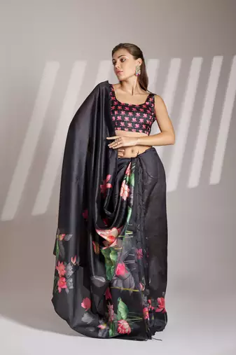 Black partywear linen c bllywood saree