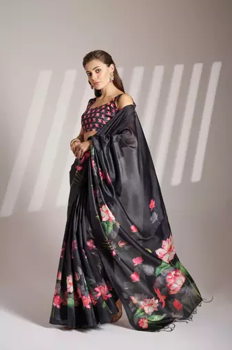 Black partywear linen c bllywood saree