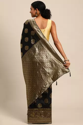 black banarasi silk blend jacquard woven golden zari butta saree with blouse piece