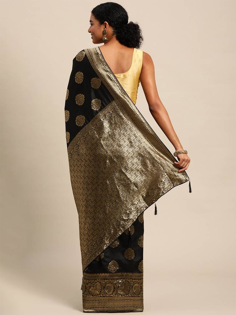black banarasi silk blend jacquard woven golden zari butta saree with blouse piece