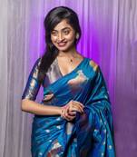 Teal blue wevon jari nandi designer moonga silk blend saree