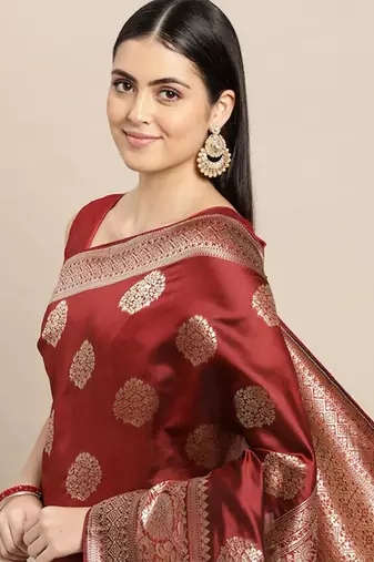 maroon banarasi silk blend jacquard woven golden zari butta saree with blouse piece