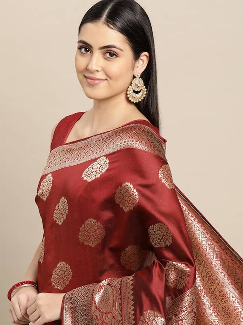 maroon banarasi silk blend jacquard woven golden zari butta saree with blouse piece