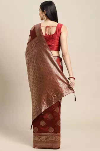 maroon banarasi silk blend jacquard woven golden zari butta saree with blouse piece