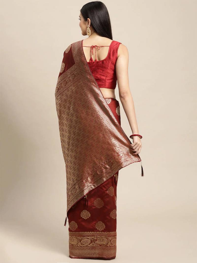maroon banarasi silk blend jacquard woven golden zari butta saree with blouse piece