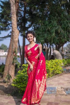 Pink wevon zari nandi moonga silk blend saree 1