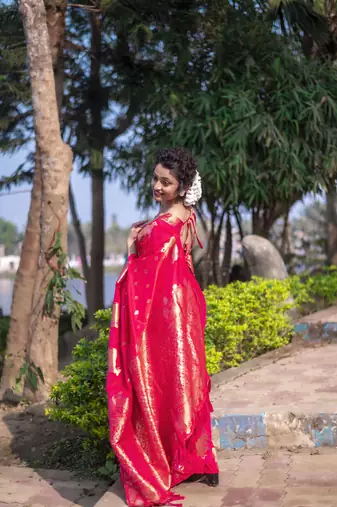 Pink wevon zari nandi moonga silk blend saree