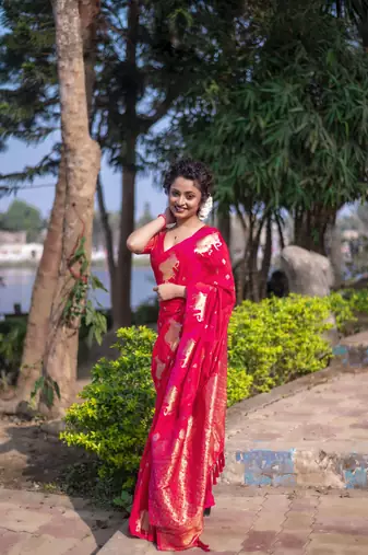 Pink wevon zari nandi moonga silk blend saree