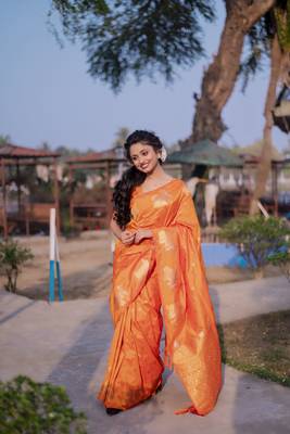 Orange wevon zari nandi moonga silk blend saree 1