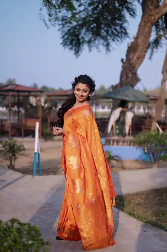 Orange wevon zari nandi moonga silk blend saree