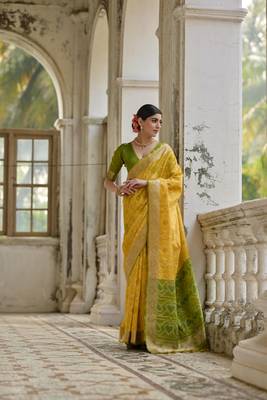 Yellow raw silk blend c wevon ikat ceremonial saree 1