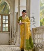 Yellow raw silk blend c wevon ikat ceremonial saree
