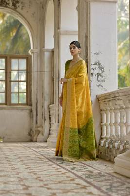 Yellow raw silk blend c wevon ikat ceremonial saree 2