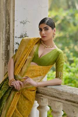 Yellow raw silk blend c wevon ikat ceremonial saree 3